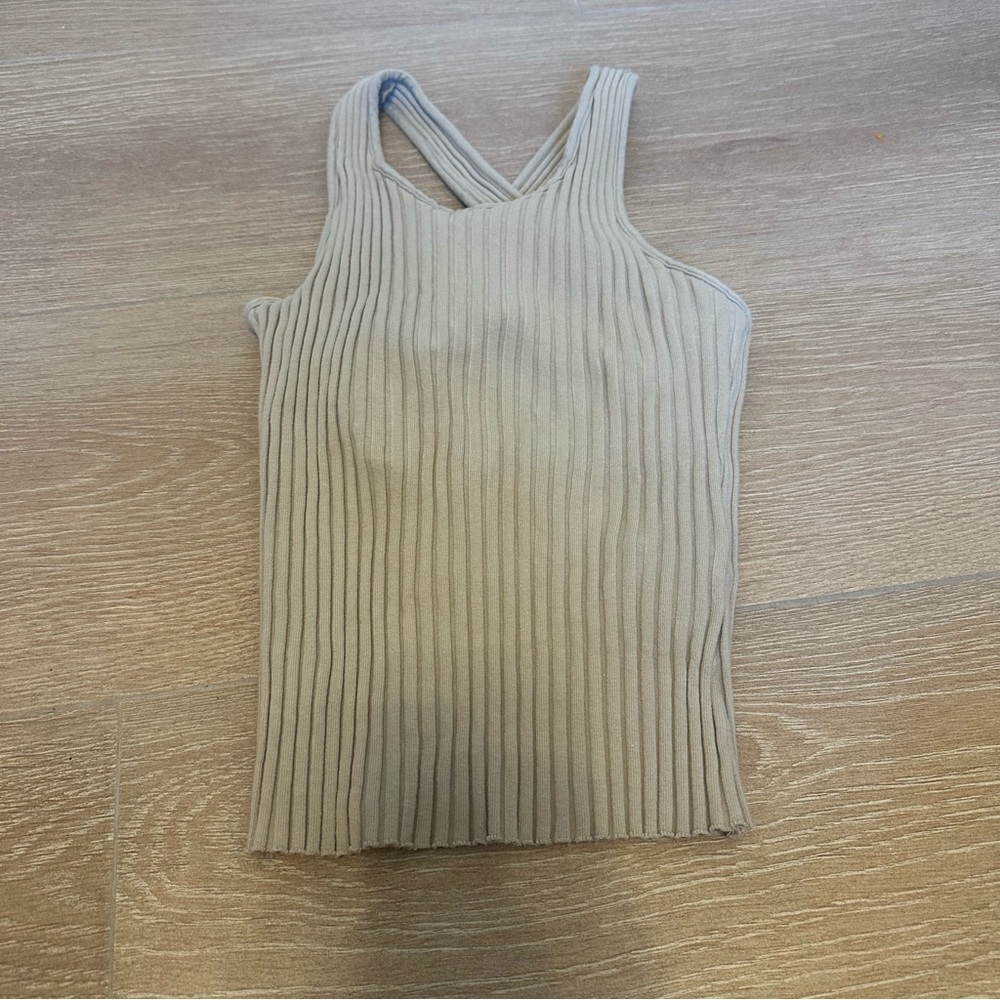 Enza Costa Ribbed High Neck Tank | Beige | Revolve